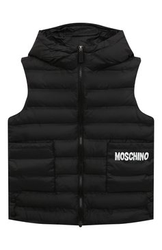 Детский утепленный жилет MOSCHINO черного цвета, арт. HUS03U/L3A69/4-8 | Фото 1 (Рукава: Короткие; Девочки Кросс-КТ: Верхняя одежда; Материал внешний: Синтетический материал; Материал сплава: Проставлено; Материал подклада: Синтетический материал; Кросс-КТ: Демисезон; Драгоценные камни: Проставлено; Ростовка одежда: 4 года | 104 см, 5 лет | 110 см, 6 лет | 116 см, 8 лет | 128 см)