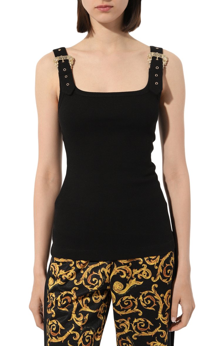Женская хлопковая майка VERSACE JEANS COUTURE черного цвета, арт. 74HAM619/J0004 | Фото 3 (Длина (для топов): Стандартные; Материал внешний: Хлопок; Женское Кросс-КТ: Майка-одежда; Стили: Кэжуэл)