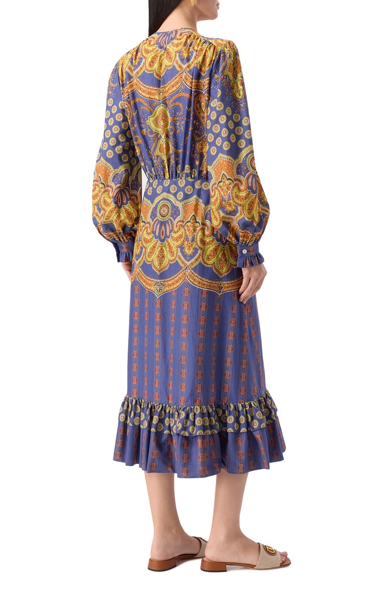 Женское хлопковое платье VALENTINO синего цвета, арт. 6B3VAF0297D | Фото 4 (Длина Ж (юбки, платья, шорты): Миди; Рукава: Длинные; Материал внешний: Хлопок; Стили: Этно; Женское Кросс-КТ: Платье-одежда; Случай: Повседневный; Автоматизация состава: Проставлено; Автоматизация ТО: Проставлено)