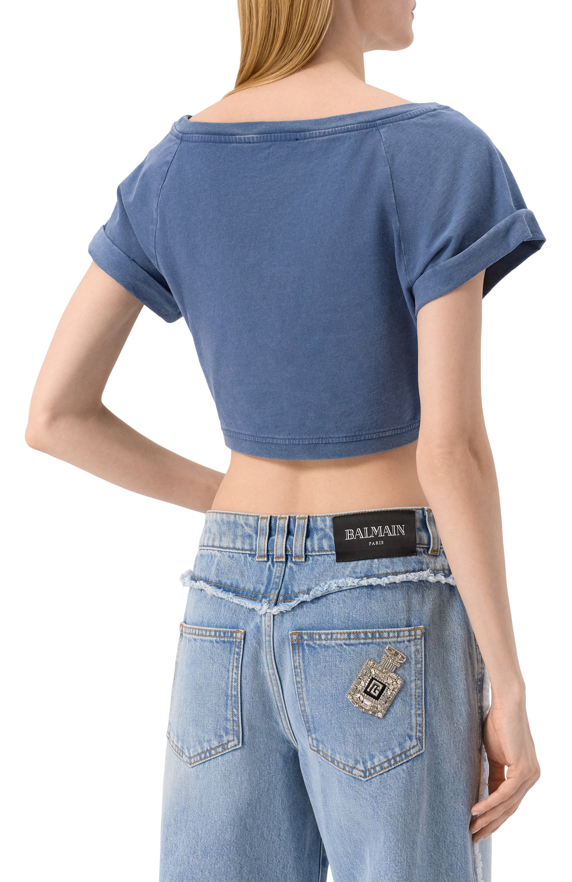 Хлопковая футболка BALMAIN синего цвета по цене 56100 руб., арт. EF1EE121/BC96, фото 4 Хлопковая футболка BALMAIN, арт. EF1EE121/BC96, фото 4