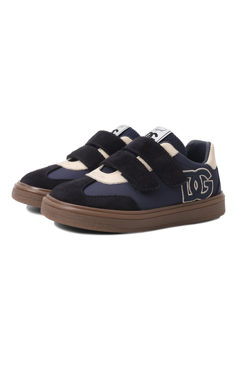 Детские кеды dg original DOLCE & GABBANA темно-синего цвета, арт. DN0205/AW506 | Фото 1 (Материал внешний: Текстиль, Натуральная кожа; Нос: Не проставлено; Материал внутренний: Натуральная кожа; Кросс-КТ: велькро; Мальчики Кросс-КТ: Обувь-низкие)