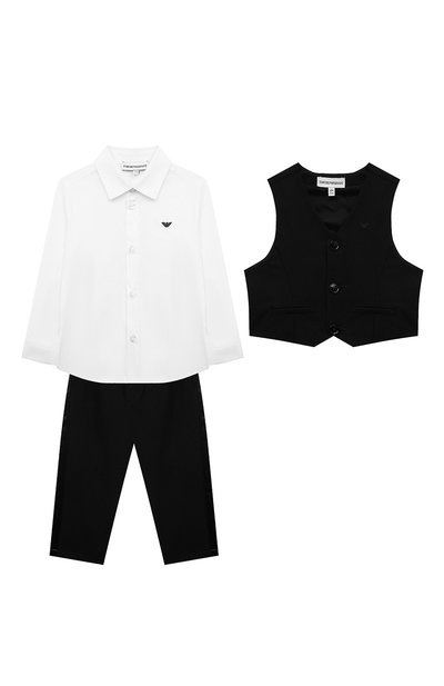 Детский комплект из трех предметов EMPORIO ARMANI черного цвета, арт. 6HH810/4N3FZ | Фото 1 (Рукава: Длинные; Кросс-КТ НВ: Костюм; Ростовка одежда: 9 мес | 74 см, 12 мес | 80 см, 24 мес | 92 см, 36 мес | 98 см, 3 мес | 62 см, 6 мес | 68 см)