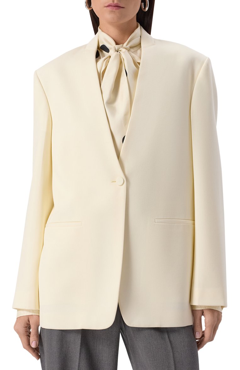 Женский шерстяной жакет JIL SANDER кремового цвета, арт. J04BN0108-J40021 | Фото 3 (Длина (для топов): Удлиненные; Материал внешний: Шерсть; Рукава: Длинные; 1-2-бортные: Однобортные; Женское Кросс-КТ: Жакет-одежда; Стили: Минимализм; Материал подклада: Вискоза)