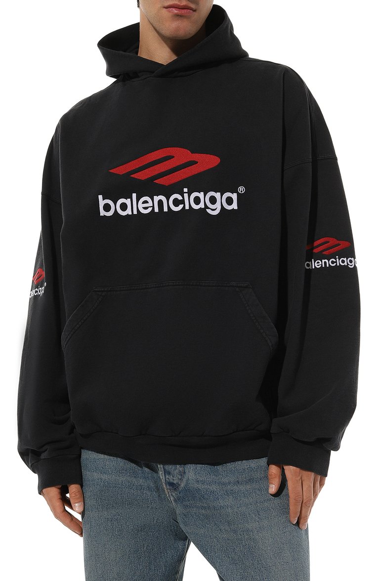 Мужской хлопковое худи BALENCIAGA черного цвета, арт. 739024/TPVD8 | Фото 3 (Материал внешний: Хлопок; Рукава: Длинные; Длина (для топов): Стандартные; Принт: С принтом; Стили: Кэжуэл; Мужское Кросс-КТ: Худи-одежда)