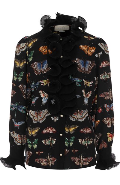 Женская шелковая блуза с принтом и оборками GUCCI, арт. 493596/ZJQ84
