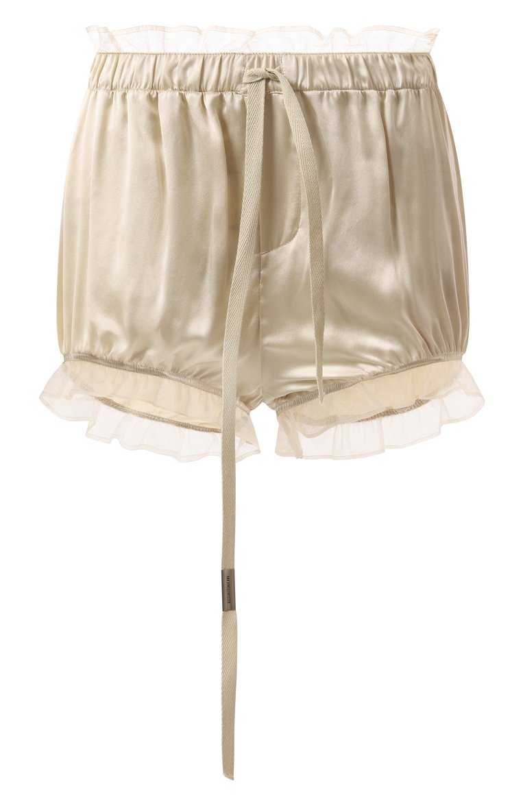 Женские атласные шорты ANN DEMEULEMEESTER кремового цвета, арт. 2402-W-TR62-FA134-023 | Фото 1 (Длина Ж (юбки, платья, шорты): Мини; Материал внешний: Шелк; Стили: Гламурный; Кросс-КТ: костюм)