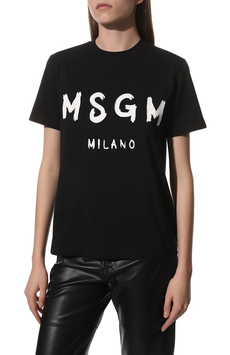 Женская хлопковая футболка MSGM черного цвета, арт. 2000MDM510 200002 | Фото 3 (Длина (для топов): Стандартные; Рукава: Короткие; Материал внешний: Хлопок; Стили: Спорт-шик; Принт: С принтом; Женское Кросс-КТ: Футболка-одежда; Драгоценные камни: Проставлено; Материал сплава: Проставлено)