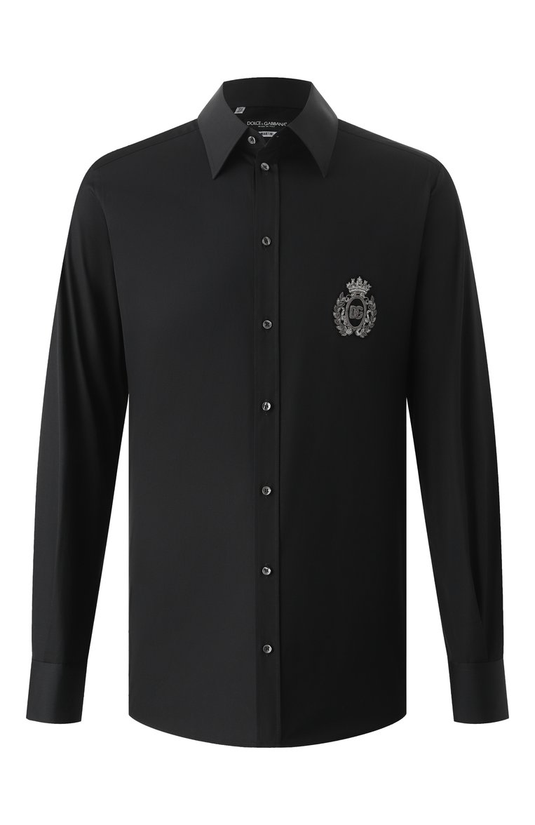 Мужская хлопковая рубашка DOLCE & GABBANA черного цвета, арт. G5ML1Z/GI757 | Фото 1 (Длина (для топов): Стандартные; Материал внешний: Хлопок; Рукава: Длинные; Случай: Вечерний, Повседневный; Рубашки М: Regular Fit; Воротник: Кент; Принт: Однотонные; Манжеты: Под запонки; Стили: Кэжуэл; Автоматизация состава: Проставлено; Автоматизация ТО: Проставлено; Размерность: Идёт в размер; Детали: Декор)