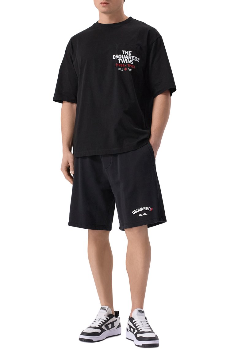 Мужские хлопковые шорты DSQUARED2 черного цвета, арт. S74MU0894/S25539 | Фото 2 (Длина Шорты М: До колена; Материал внешний: Хлопок; Принт: Без принта; Случай: Повседневный; Стили: Кэжуэл)