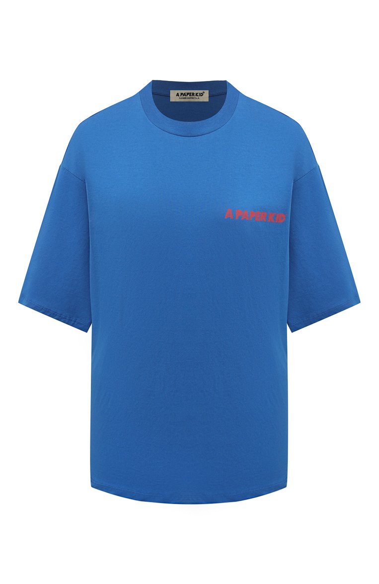 Женская хлопковая футболка A PAPER KID синего цвета, арт. F3PKW0TH025 | Фото 1 (Рукава: Короткие, 3/4; Длина (для топов): Стандартные; Стили: Гранж; Принт: С принтом; Материал сплава: Проставлено; Материал внешний: Хлопок; Женское Кросс-КТ: Футболка-одежда; Драгоценные камни: Проставлено)