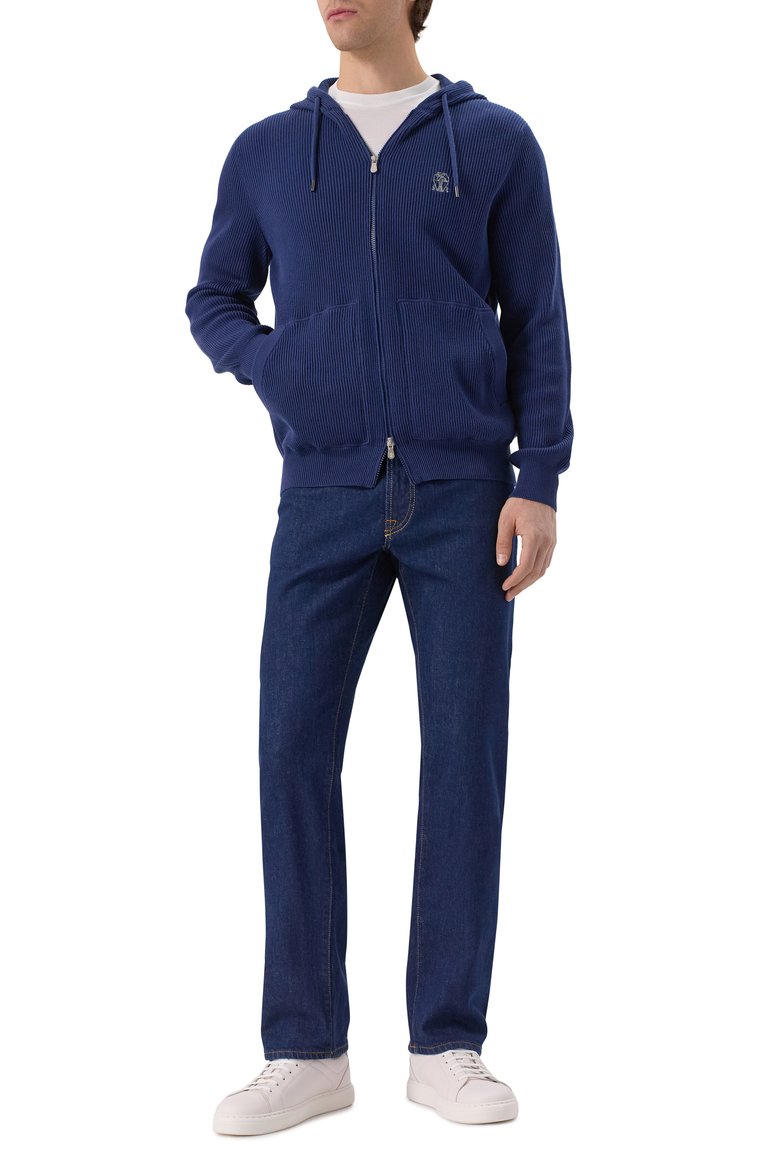Мужской хлопковый кардиган BRUNELLO CUCINELLI синего цвета, арт. M29200416G | Фото 2 (Рукава: Длинные; Материал внешний: Хлопок; Длина (для топов): Стандартные; Стили: Кэжуэл; Мужское Кросс-КТ: Кардиган-одежда; Застежка: Молния)