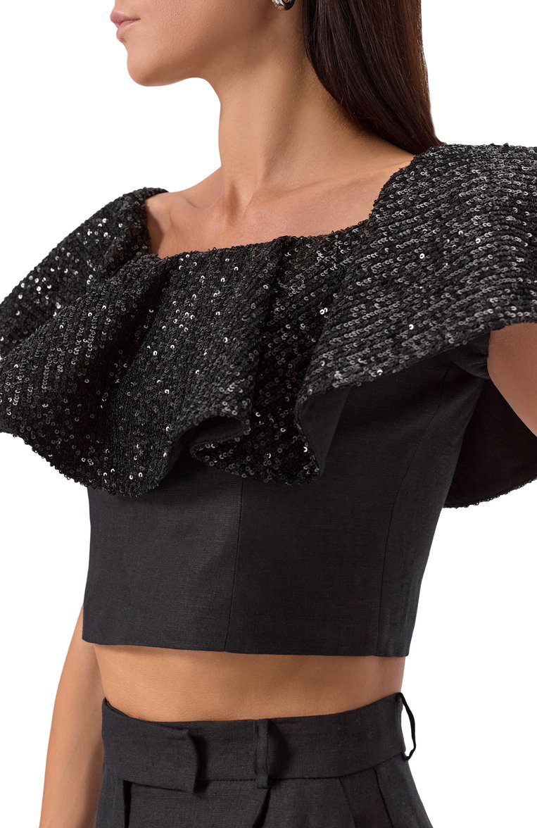 Женский топ с отделкой пайетками IN THE MOOD FOR LOVE черн�ого цвета, арт. SS2501500006 | Фото 5 (Материал внешний: Лен; Длина (для топов): Укороченные; Стили: Романтичный; Рукава: С открытыми плечами)