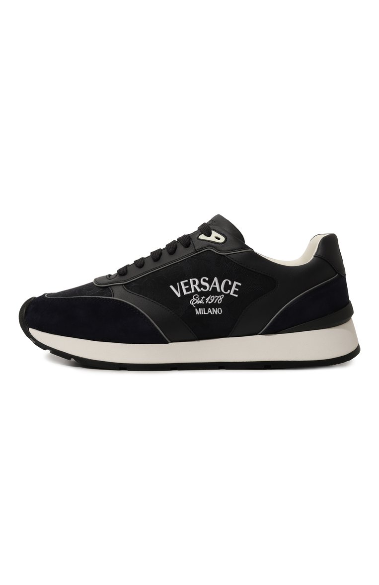 Мужские комбинированные кроссовки VERSACE темно-синего цвета, арт. 1014457/1A00389 | Фото 4 (Материал внутренний: Натуральная кожа; Материал внешний: Текстиль, Натуральная кожа; Подошва: Массивная; Материал утеплителя: Без утеплителя; Стили: Классический; Кросс-КТ: Низкие)