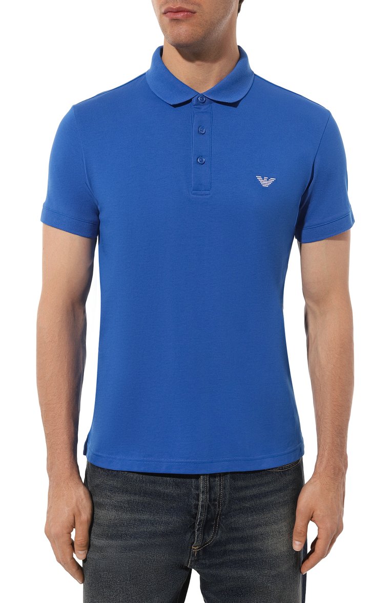 Мужское хлопковое поло EMPORIO ARMANI синего цвета, арт. 211804/4R482 | Фото 3 (Рукава: Короткие; Длина (для топов): Стандартные; Материал внешний: Хлопок; Стили: Кэжуэл; Застежка: Пуговицы; Принт: Без принта; Мужское Кросс-КТ: Футболка-одежда)