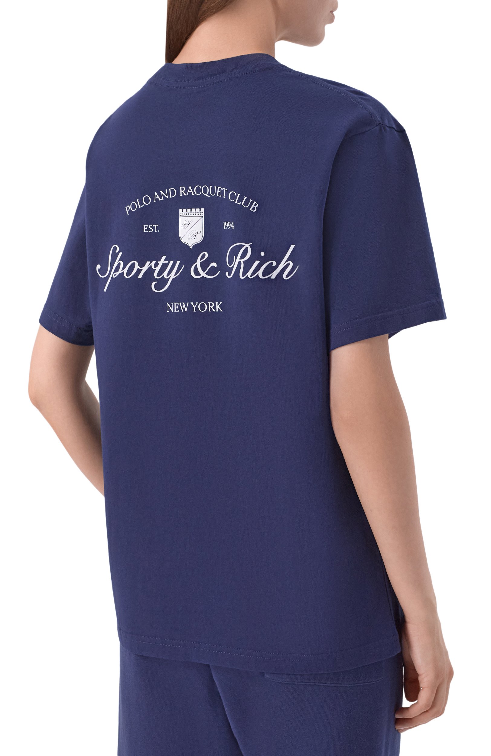Хлопковая футболка SPORTY AND RICH темно-синего цвета по цене 12150 руб., арт. T011975325BL106, фото 4 Хлопковая футболка SPORTY AND RICH, арт. T011975325BL106, фото 4