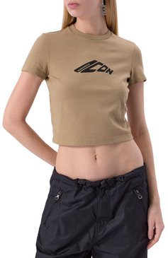 Женский хлопковый топ DSQUARED2 бежевого цвета, арт. S80GC0080/D20033 | Фото 3 (Драгоценные камни: Проставлено; Рукава: Короткие; Материал сплава: Проставлено; Длина (для топов): Стандартные; Стили: Кэжуэл; Материал внешний: Хлопок)