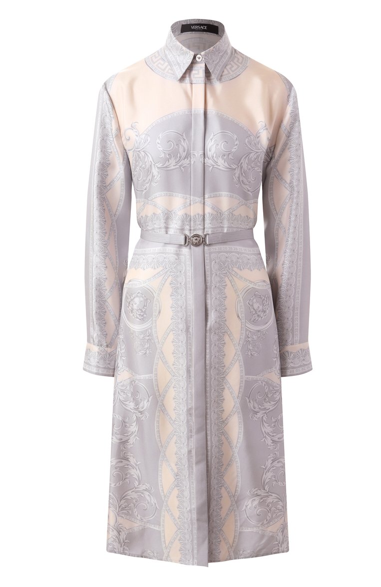Женское шелковое платье VERSACE светло-серого цвета, арт. 1018622/1A13359 | Фото 1 (Длина Ж (юбки, платья, шорты): До колена; Рукава: Длинные; Материал внешний: Шелк; Женское Кросс-КТ: Платье-одежда; Стили: Кэжуэл; Случай: Повседневный)