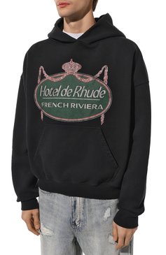 Мужской хлопковое худи RHUDE черного цвета, арт. RHPS24H004012610 | Фото 3 (Материал внешний: Хлопок; Рукава: Длинные; Драгоценные камни: Проставлено; Материал сплава: Проставлено; Длина (для топов): Стандартные; Принт: С принтом; Мужское Кросс-КТ: Худи-одежда; Стили: Спорт-шик)