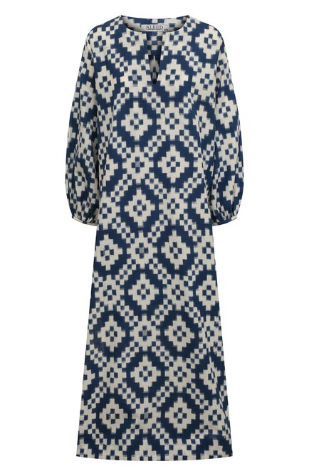 Женская хлопковая туника KLEED LOUNGEWEAR синего цвета, арт. D0RCAS BLUE KAFTAN | Фото 1 (Длина Ж (юбки, платья, шорты): Миди; Рукава: Длинные; Материал внешний: Хлопок; Женское Кросс-КТ: Туника-одежда, Туника-пляжная одежда; Стили: Романтичный)