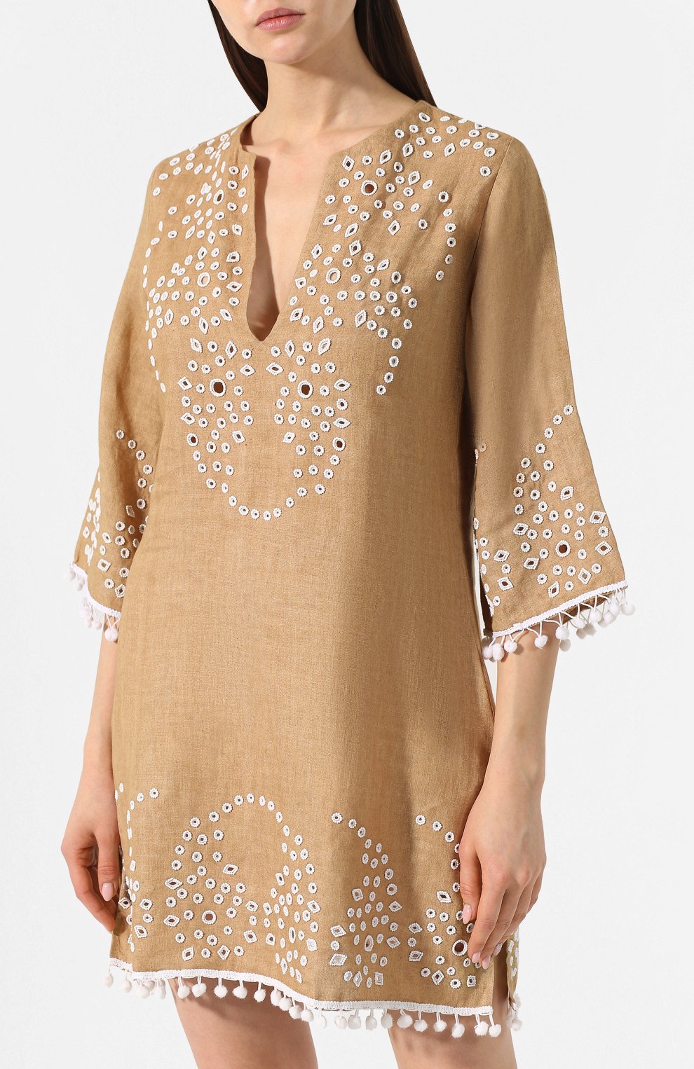 Льняная туника ESMERALDA RESORT бежевого цвета по цене 71800 руб., арт. KURTA P0M P0M DESIGN, фото 3 Льняная туника ESMERALDA RESORT, арт. KURTA P0M P0M DESIGN, фото 3