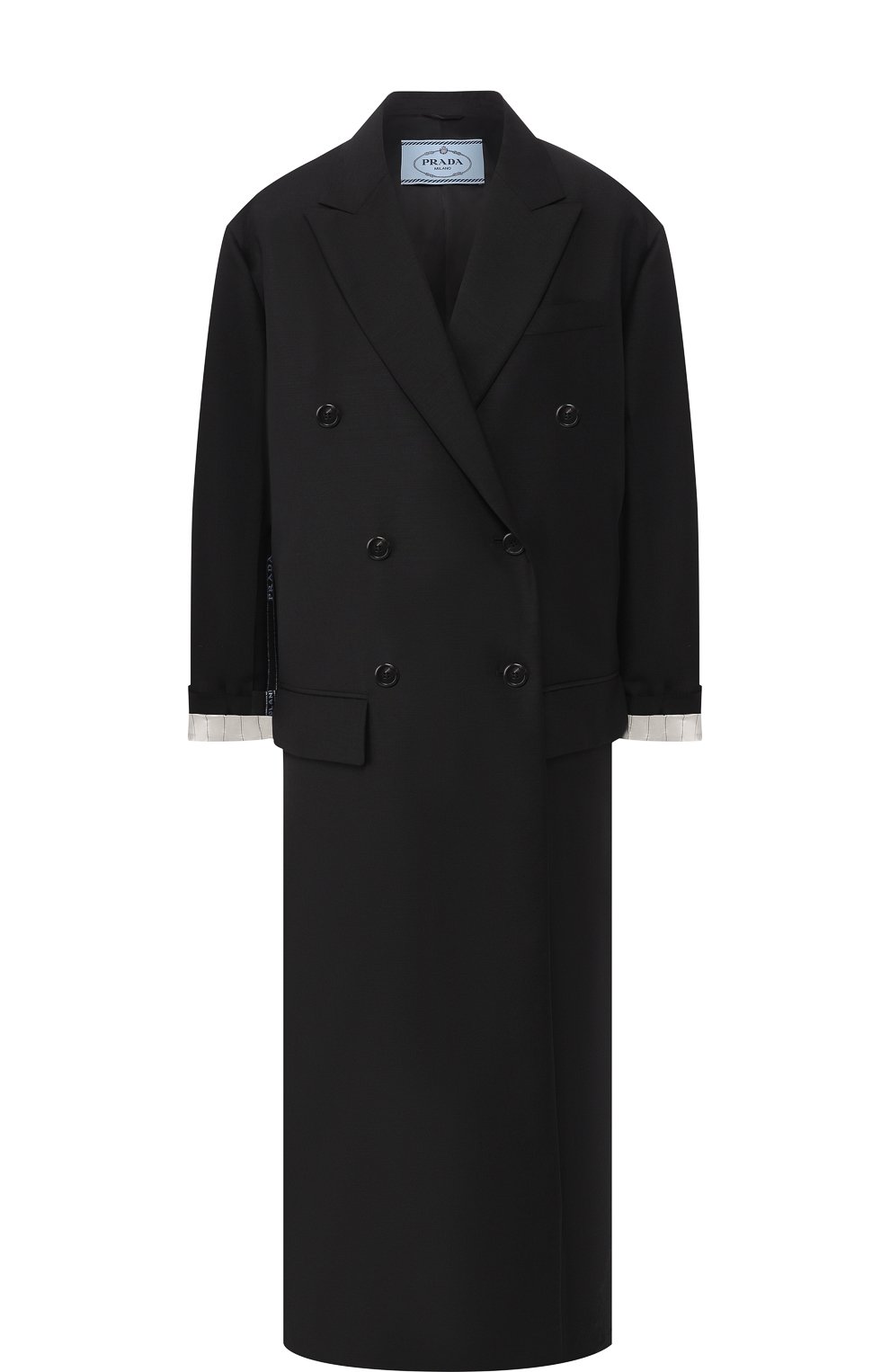 Однотонное двубортное пальто PRADA черного цвета по цене 215000 руб., арт. P677H-1RWP-F0002, фото 1 Однотонное двубортное пальто PRADA, арт. P677H-1RWP-F0002, фото 1