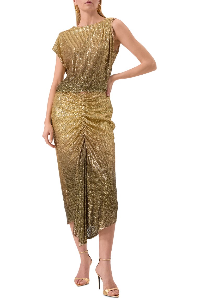 Женская юбка с отделкой пайетками IN THE MOOD FOR LOVE золотого цвета, арт. RS2500200001 | Фото 2 (Драгоценные камни: Проставлено; Длина Ж (юбки, платья, шорты): Миди; Материал сплава: Проставлено; Стили: Гламурный; Кросс-КТ: костюм; Материал внешний: Синтетический материал)