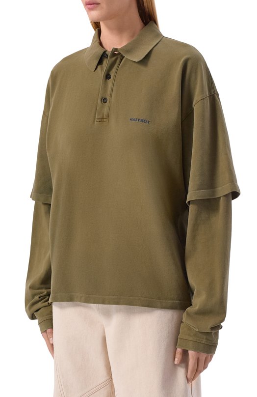 Хлопковое поло Halfboy HS261WT003 PK002/L0NGSLEEVE P0L0 Хаки  HS261WT003 PK002/L0NGSLEEVE P0L0 Фото 3