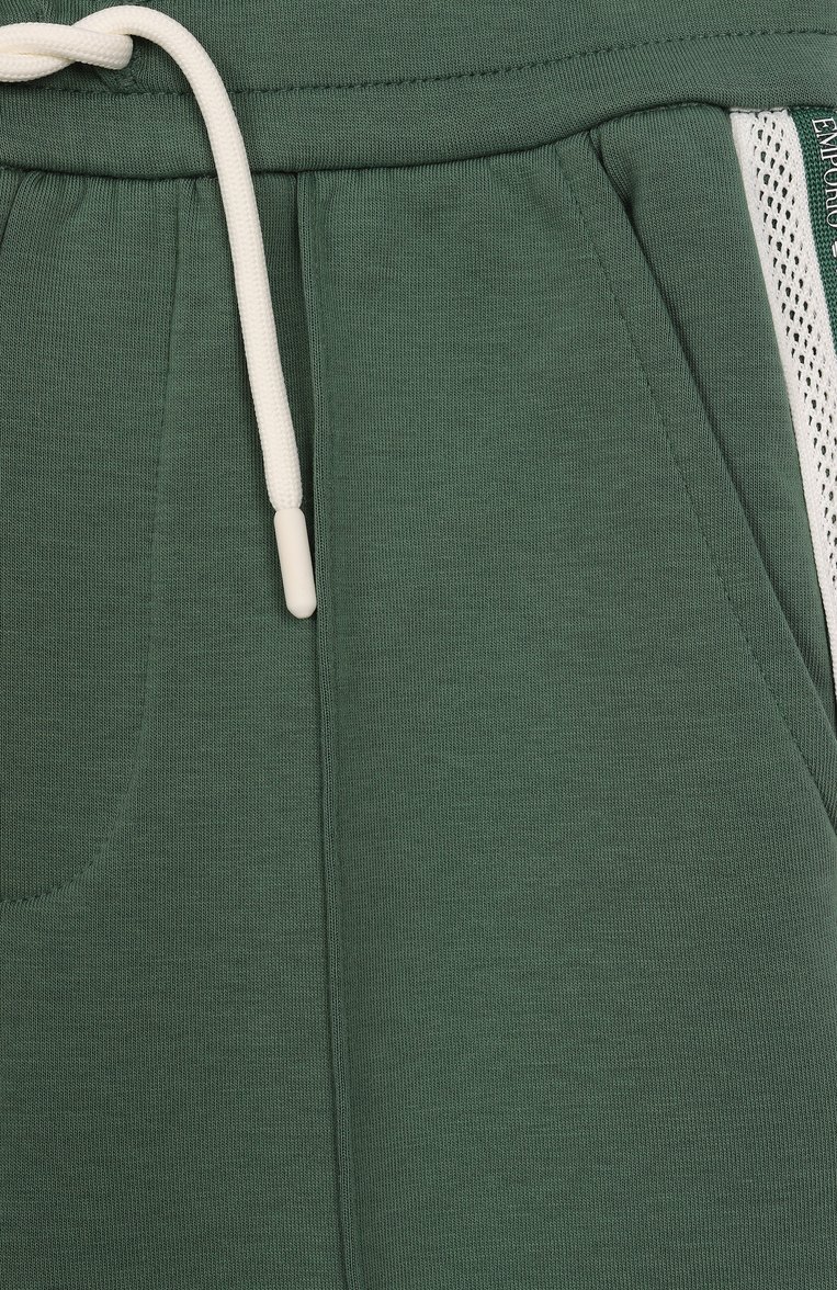 Детские хлопковые брюки EMPORIO ARMANI зеленого цвета, арт. EB000148/AF10126 | Фото 3 (Нос: Не проставлено; Материал внешний: Хлопок; Мальчики Кросс-КТ: Брюки-спорт; Случай: Повседневный; Автоматизация состава: Проставлено; Ростовка одежда: 4 года | 104 см, 5 лет | 110 см, 7 лет | 122 см, 6 лет | 116 см, 10 - 11 лет | 140 - 146см, 8 лет | 128 см, 16 лет | 164 см, 13 - 15 лет | 158 см)