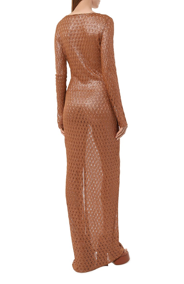 Женское платье из вискозы MISSONI бронзового цвета, арт. MS24SQ01/BR00TC | Фото 4 (Длина Ж (юбки, платья, шорты): Макси; Материал внешний: Вискоза; Случай: Повседневный; Женское Кросс-КТ: Платье-пляжная одежда, Платье-одежда; Стили: Кэжуэл; Рукава: Длинные)