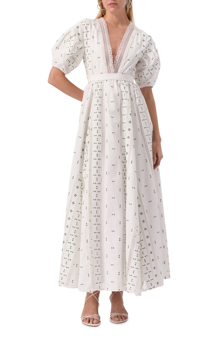 Женское хлопковое платье GIAMBATTISTA VALLI белого цвета, арт. 25SSPVTE5130-40EMB | Фото 2 (Автоматизация состава: Проставлено; Рукава: Короткие; Автоматизация ТО: Проставлено; Материал внешний: Хлопок; Длина Ж (юбки, платья, шорты): Миди; Женское Кросс-КТ: Платье-одежда; Случай: Повседневный; Стили: Романтичный)
