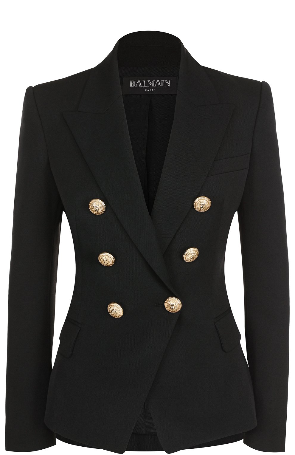 Двубортный приталенный жакет из шерсти BALMAIN черного цвета по цене 191000 руб., арт. 997498/132L, фото 1 Двубортный приталенный жакет из шерсти BALMAIN, арт. 997498/132L, фото 1