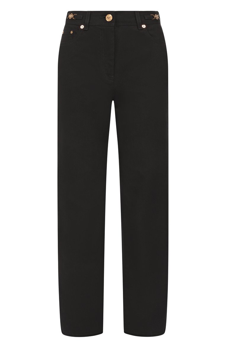 Женские джинсы VERSACE черного цвета, арт. 1011519/1A12691 | Фото 1 (Материал внешний: Хлопок, Деним; Длина (брюки, джинсы): Стандартные; Кросс-КТ: Деним; Стили: Кэжуэл; Силуэт Ж (брюки и джинсы): Прямые)
