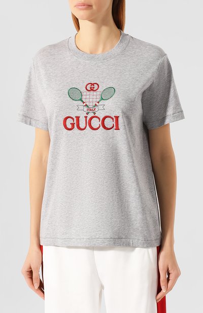 Хлопковая футболка GUCCI серого цвета по цене 37300 руб., арт. 580762/XJBHP, фото 3 Хлопковая футболка GUCCI, арт. 580762/XJBHP, фото 3