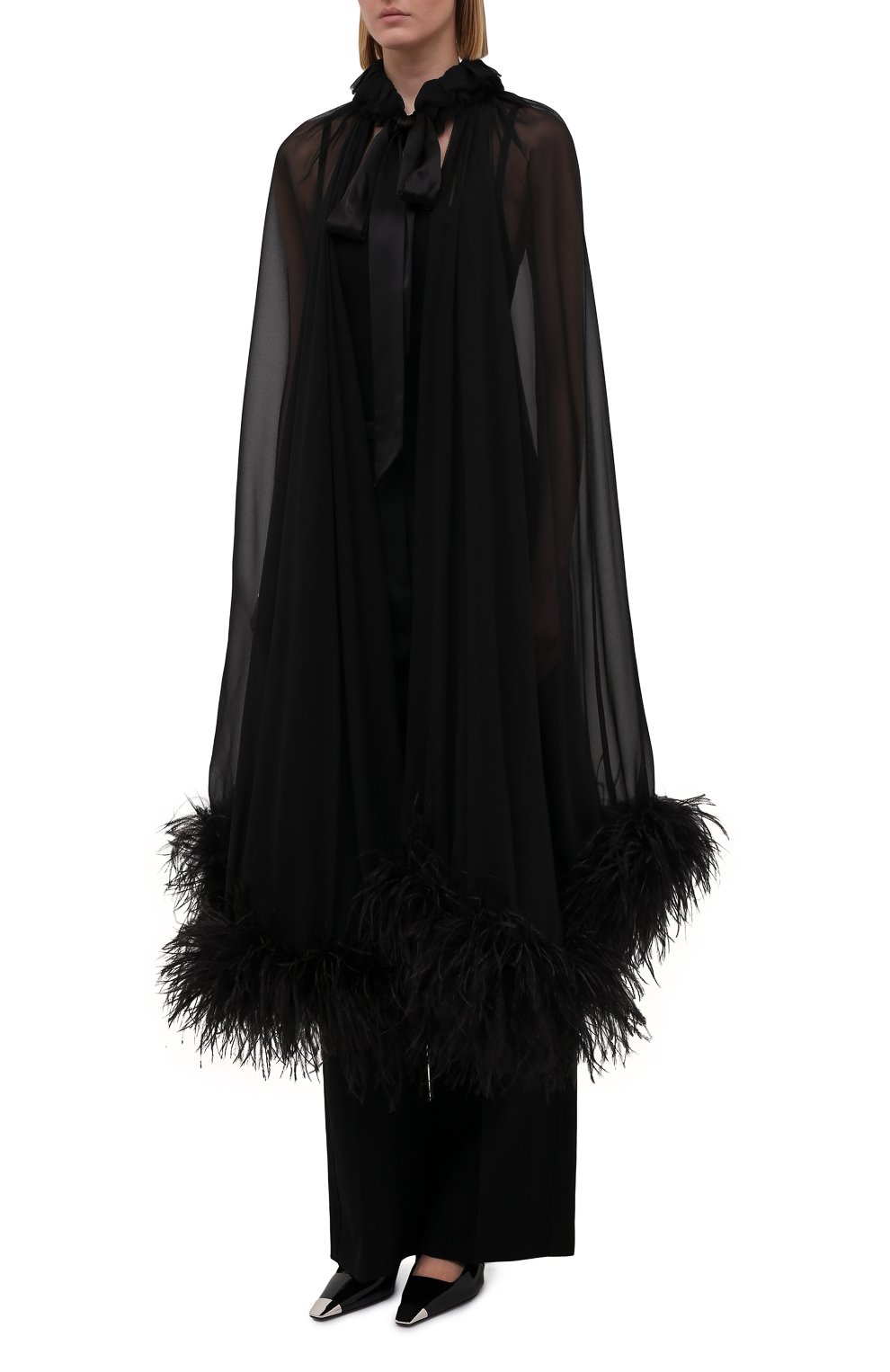 Шелковая накидка с отделкой перьями SAINT LAURENT черного цвета по цене 463500 руб., арт. 659131/Y115W, фото 3 Шелковая накидка с отделкой перьями SAINT LAURENT, арт. 659131/Y115W, фото 3
