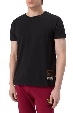 Мужская хлопковая футболка MOSCHINO черного цвета, арт. A0703/4406 | Фото 3 (Драгоценные камни: Проставлено; Рукава: Короткие; Длина (для топов): Стандартные; Материал сплава: Проставлено; Кросс-КТ: домашняя одежда; Тематический товар: Teddy Bear; Материал внешний: Хлопок)