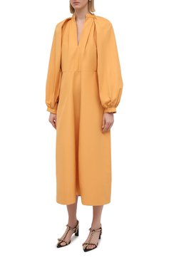 Женское хлопковое платье JIL SANDER оранжевого цвета, арт. JSPS502306-WS244200 | Фото 3 (Длина Ж (юбки, платья, шорты): Миди; Материал внешний: Хлопок; Рукава: Длинные; Женское Кросс-КТ: Платье-одежда; Случай: Повседневный; Стили: Бохо; Региональные ограничения белый список (Axapta Mercury): RU; Драгоценные камни: Проставлено; Материал сплава: Проставлено)