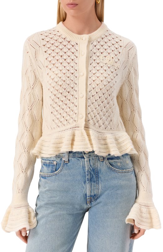 Кардиган из хлопка и шерсти Chloé CH25AMC01590 Кремовый  CH25AMC01590 Фото 3