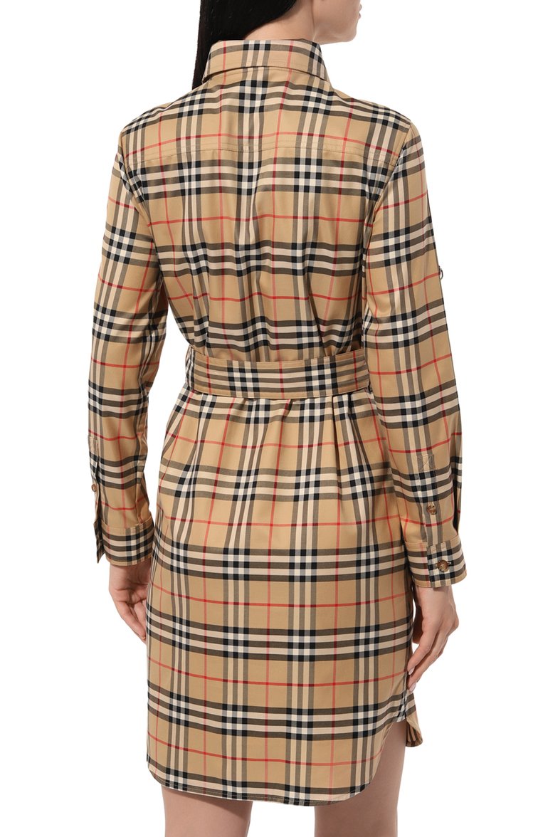 Женское хлопковое платье BURBERRY бежевого цвета, арт. 8063498 | Фото 4 (Длина Ж (юбки, платья, шорты): До колена; Материал внешний: Хлопок; Рукава: Длинные; Случай: Повседневный; Стили: Кэжуэл; Женское Кросс-КТ: Платье-одежда)
