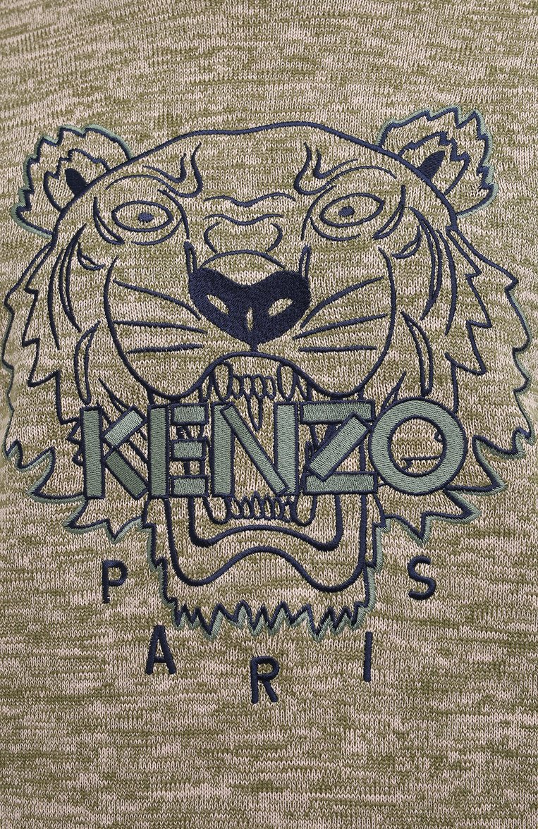 Мужской хлопковый свитер KENZO хаки цвета, арт. FC55PU6993XA | Фото 5 (Рукава: Длинные; Длина (для топов): Стандартные; Материал внешний: Хлопок; Мужское Кросс-КТ: Свитер-одежда; Принт: С принтом; Стили: Кэжуэл; Нос: Не проставлено)