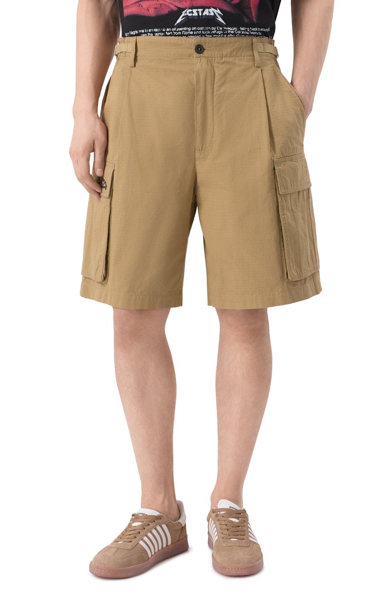 Мужские хлопковые шорты icon DSQUARED2 бежевого цвета, арт. S79MU0074/D35224 | Фото 3 (Длина Шорты М: Ниже колена; Принт: Без принта; Силуэт М (брюки): Карго; Случай: Повседневный; Стили: Кэжуэл; Материал внешний: Хлопок)
