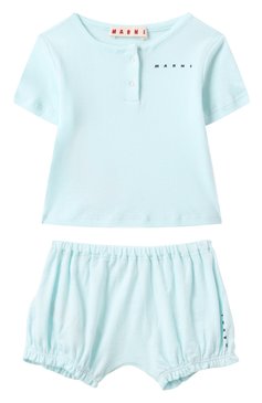 Детский комплект из футболки и шорт MARNI голубого цвета, арт. M01442/M00UL | Фото 1 (Нос: Не проставлено; Материал сплава: Проставлено; Кросс-КТ НВ: Костюм; Материал внешний: Хлопок; Ростовка одежда: 3 мес | 62 см, 9 мес | 74 см, 6 мес | 68 см)