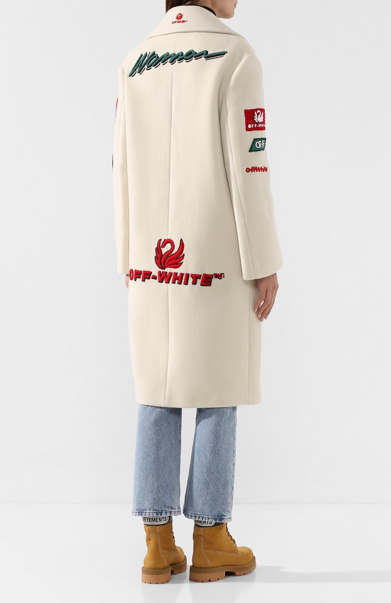 Женское шерстяное пальто OFF-WHITE белого цвета, арт. 0WEA179E19A640820288 | Фото 4 (Материал внешний: Шерсть; Рукава: Длинные; Материал подклада: Вискоза; Длина (верхняя одежда): До колена; 1-2-бортные: Однобортные; Статус проверки: Проверена категория; Материал сп�лава: Проставлено; Драгоценные камни: Проставлено)