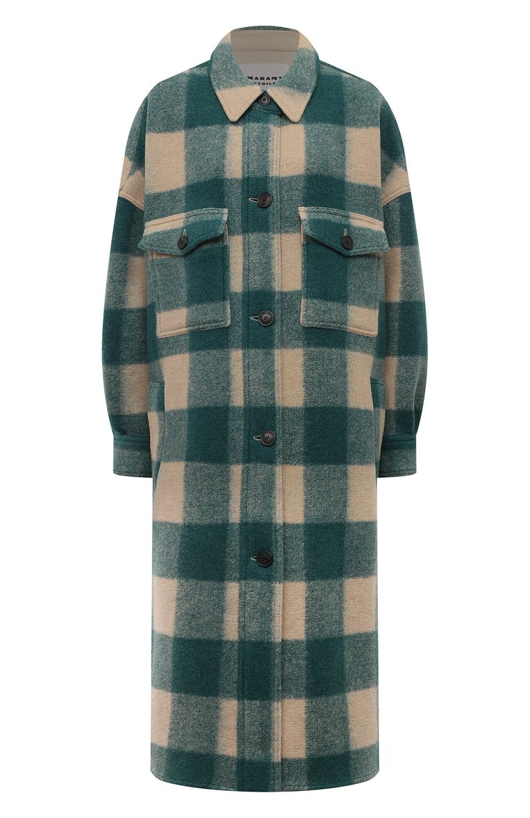 Женское пальто ISABEL MARANT ETOILE зеленого цвета, арт. MA0018FA | Фото 1 (Длина (верхняя одежда): Длинные; 1-2-бортные: Однобортные; Материал внешний: Синтетический материал; Стили: Кэжуэл; Рукава: Длинные; Материал подклада: Хлопок)
