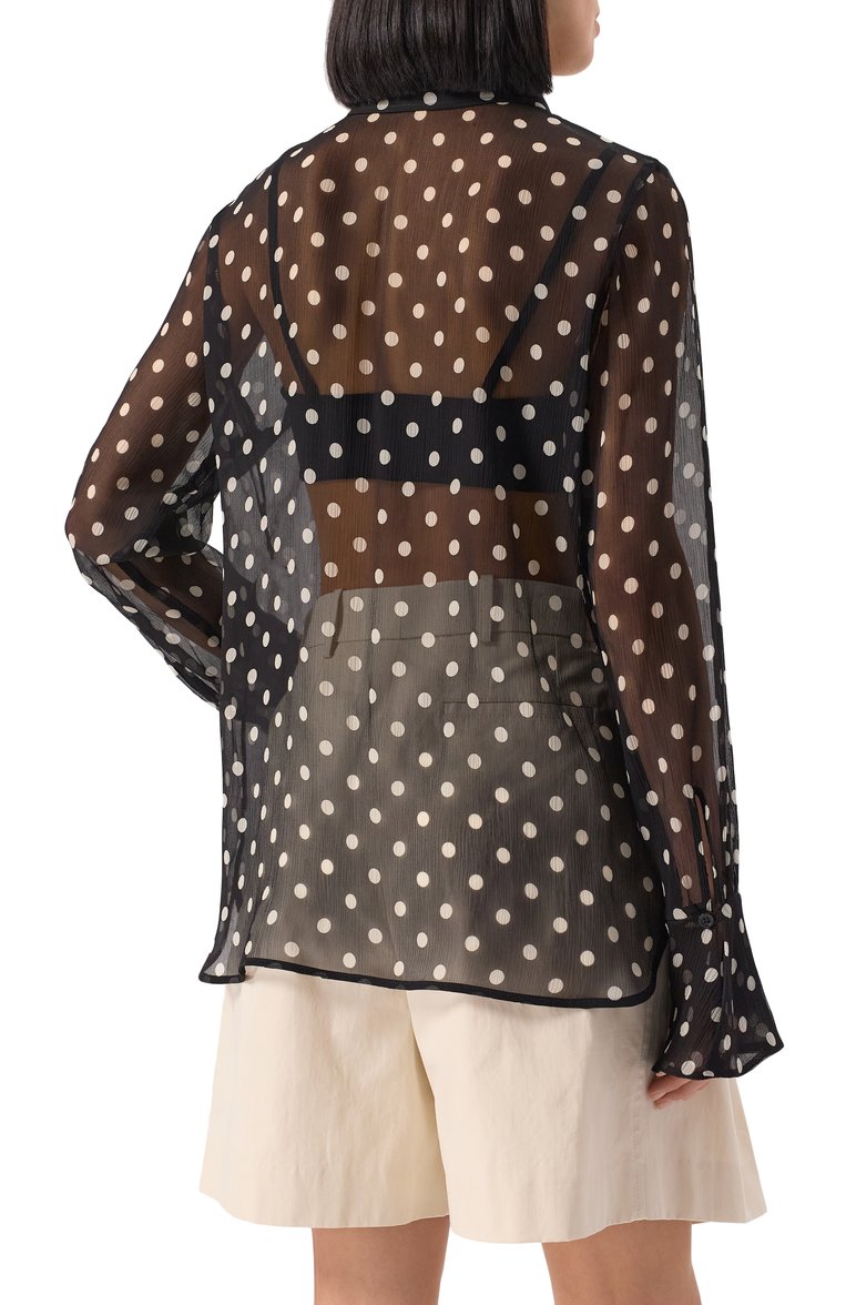 Женская шелковая блузка NINA RICCI черного цвета, арт. 25PCT0007/SE1409 | Фото 4 (Рукава: Длинные; Длина (для топов): Стандартные; Материал внешний: Шелк; Стили: Кэжуэл; Женское Кросс-КТ: Блуза-одежда; Принт: С принтом)