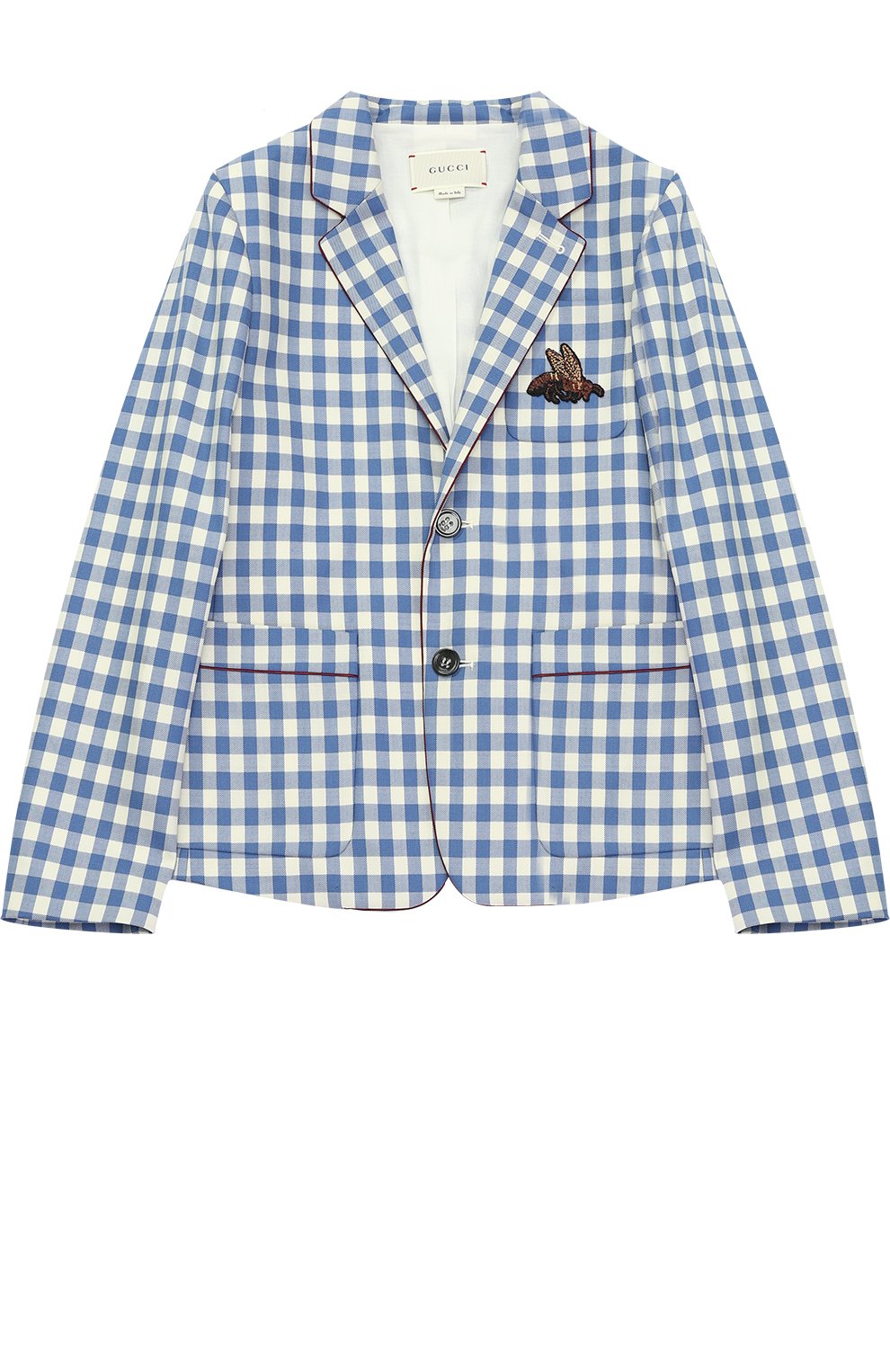 Шерстяной однобортный пиджак в клетку с нашивкой и контрастной отделкой GUCCI синего цвета по цене 49950 руб., арт. 452271/XBA12, фото 1 Шерстяной однобортный пиджак в клетку с нашивкой и контрастной отделкой GUCCI, арт. 452271/XBA12, фото 1