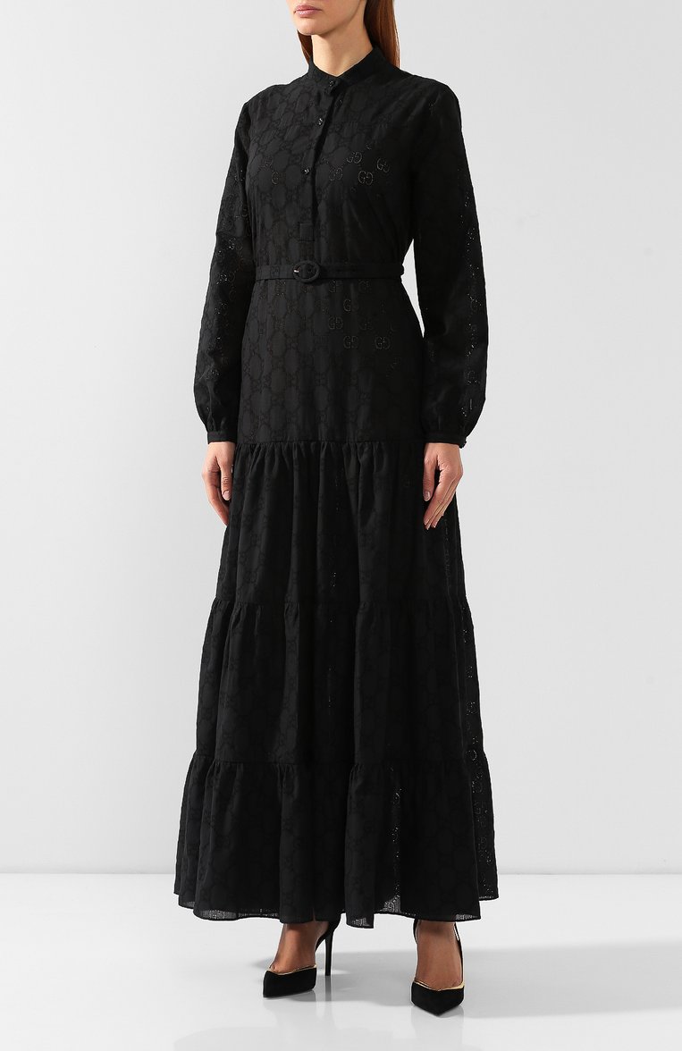 Женское хлопковое платье GUCCI черного цвета, арт. 569021/ZABI8 | Фото 3 (Длина Ж (юбки, платья, шорты): Макси; Статус проверки: Проверена категория; Материал внешний: Хлопок; Рукава: Длинные; Случай: Повседневный; Женское Кросс-КТ: Платье-одежда; Материал сплава: Проставлено; Ювелирные украшения: Назначено; Драгоценные камни: Проставлено)