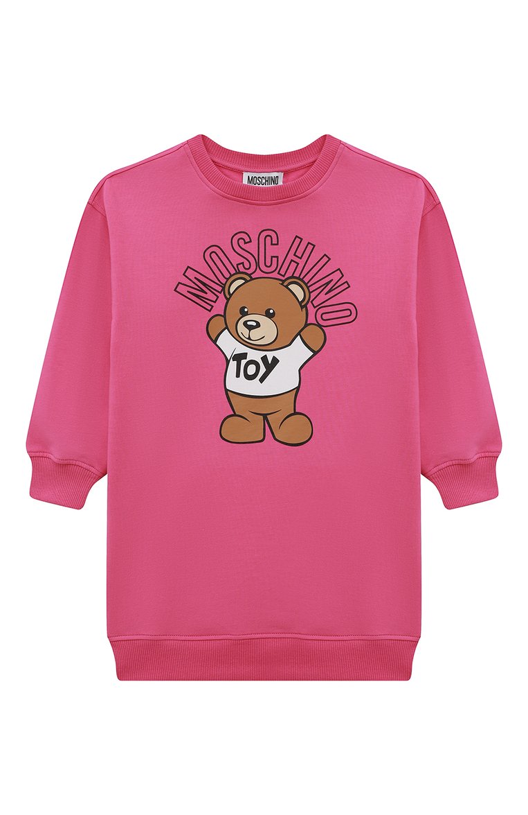 Детское хлопковое платье MOSCHINO фуксия цвета, арт. H2V064/LDA17/10A-14A | Фото 1 (Рукава: Длинные; Материал внешний: Хлопок; Случай: Повседневный; Девочки Кросс-КТ: Платье-одежда; Материал сплава: Проставлено; Драгоценные камни: Проставлено; Ростовка одежда: 10 - 11 лет | 140 - 146см, 12 лет | 152 см, 13 - 15 лет | 158 см)