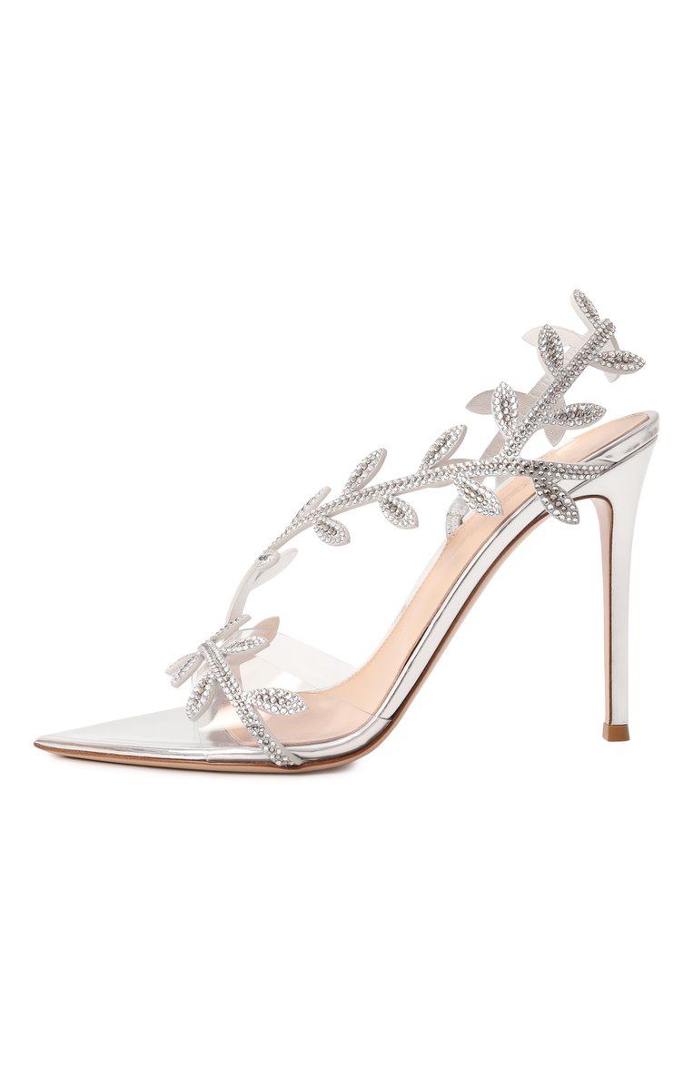 Женские кожаные босоножки crystal flavia 105 GIANVITO ROSSI серебряного цвета, арт. G32448.15RIC.GBMTRSS | Фото 4 (Каблук высота: Высокий; Драгоценные камни: Проставлено; Материал внешний: Натуральная кожа; Каблук тип: Шпилька; Подошва: Плоская; Материал внутренний: Натуральная кожа; Материал сплава: Проставлено)