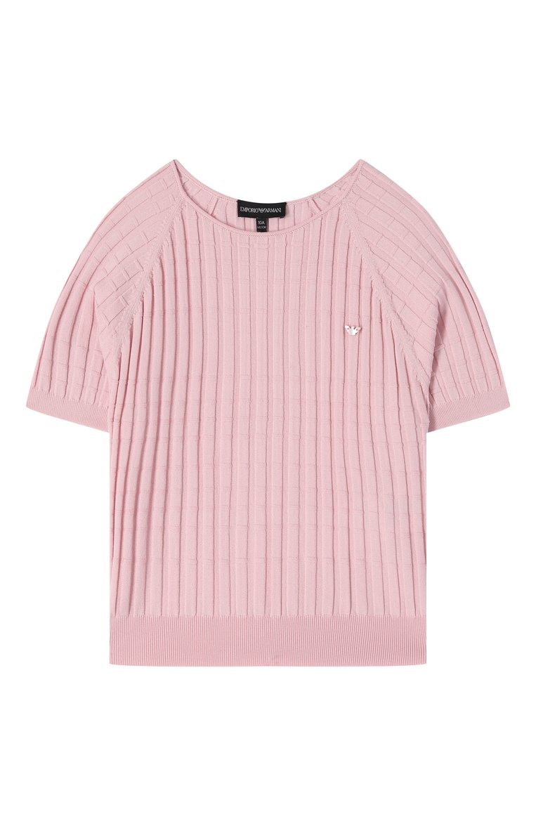 Детский пуловер EMPORIO ARMANI светло-розового цвета, арт. EG000177/AF14110 | Фото 1 (Рукава: Короткие; Матер�иал внешний: Вискоза, Синтетический материал; Девочки Кросс-КТ: Пуловер-одежда; Ростовка одежда: 16 лет | 164 см, 10 - 11 лет | 140 - 146см, 13 - 15 лет | 158 см)