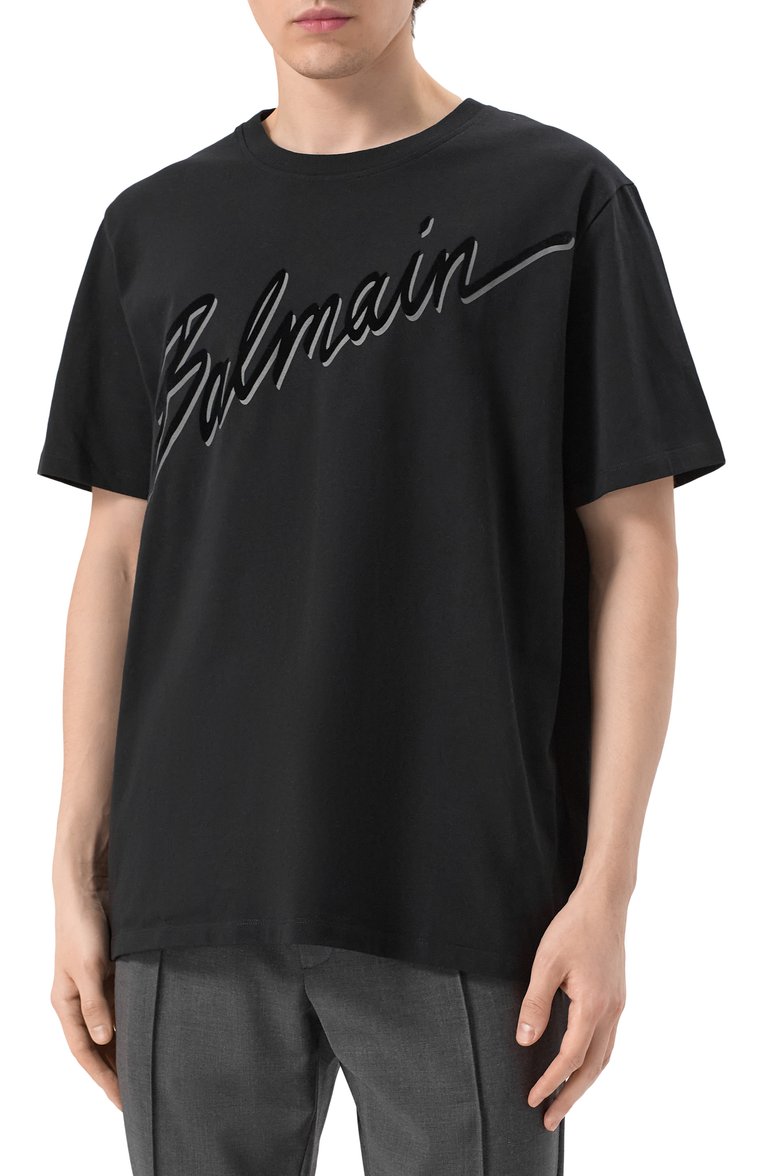 Мужская хлопковая футболка BALMAIN черного цвета, арт. EH1EG010/BC86 | Фото 3 (Материал сплава: Проставлено; Драгоценные камни: Проставлено; Рукава: Короткие; Длина (для топов): Стандартные; Принт: С принтом; Стили: Кэжуэл; Материал внешний: Хлопок; Кросс-КТ: Джерси; Мужское Кросс-КТ: Футболка-одежда)